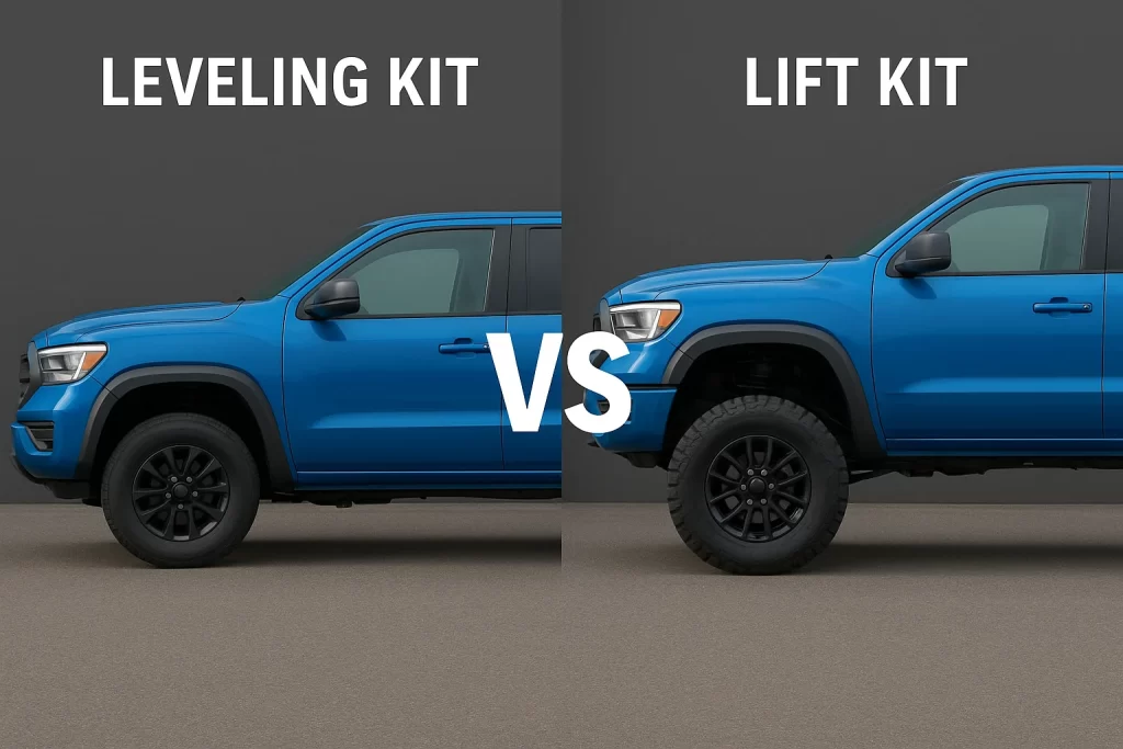 Split-screen view of two blue pickups—one with a front-only leveling kit and one with a full lift kit—highlighting the dramatic height difference between the two modifications