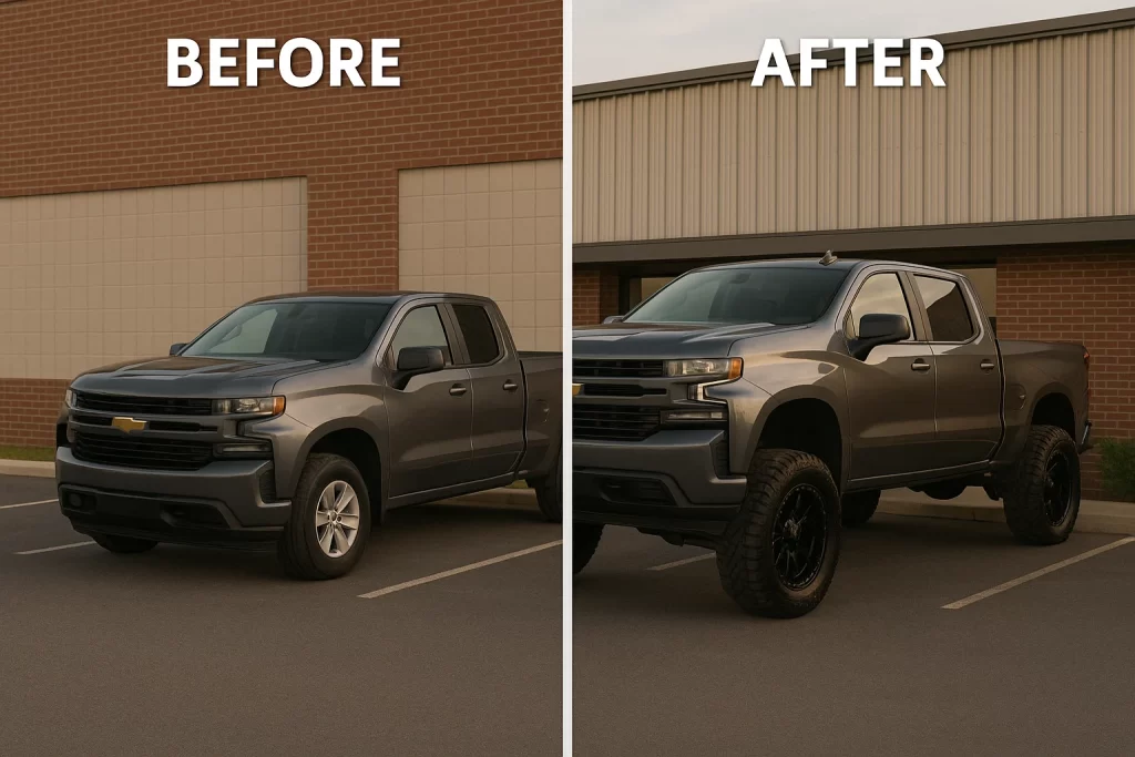 Before and after truck lifted comparison on Chevrolet Silverado showing 6-inch suspension lift.